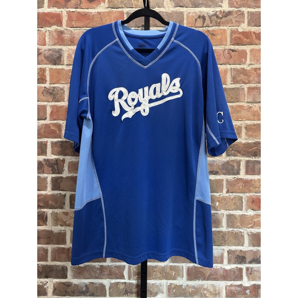KANSAS CITY ROYALS Men Blue Pullover‎ V Neck Sewn KC Logo Jersey Shirt XL MLB